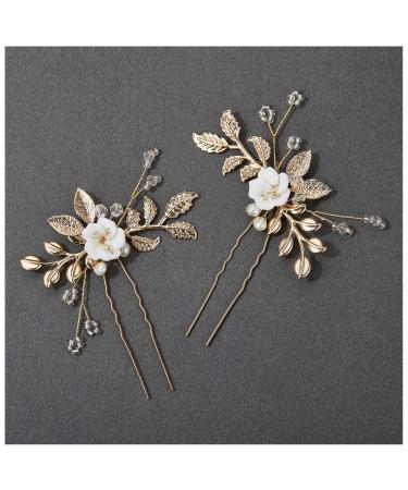 SWEETV 2Pcs Bridal Hair Accessories,Gold Wedding Hair Pins Pieces With White Flowers for Brides