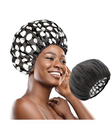 Aunllke Terry Cloth Lined Shower Cap for Women Large Double Layer Shower Cap with Microfiber Dry Hair Function Resuable Waterproof Breathable Bath Cap Black&White Dots Design