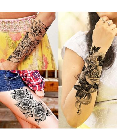 COKTAK 59 Sheets Sexy 3D Rose Flower Temporary Tattoos for Women - Snake, Floral, Sunflower, Peony, Butterfly & More | Black Realistic Arm, Neck, Thigh, Body Tattoo Stickers - Buy Online on GoSupps.com