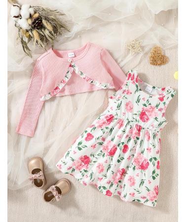 Puseky Toddler Girl 2 Piece Floral Dress and Cardigan Set - Size 5-6 Years, Pink - Buy Online on GoSupps.com