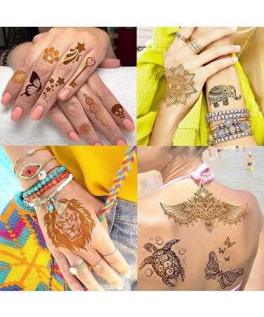 Rejaski 9 Sheets Flash Gold Metallic Temporary Tattoos - Bohemian Designs for Women, Adults - Fake Tattoo Stickers with Indian Tribal Elephant, 3D Wolf, Lion, Snake, Mandala Flower, Halloween Skull, Butterfly, Feather, Glitter - Buy Online on GoSupps.com