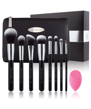 Oscar Charles 8-Piece Professional Makeup Brush Set with Beauty Sponge and Luxury Clutch Cosmetic Bag and Beautiful Gift Box - Silver