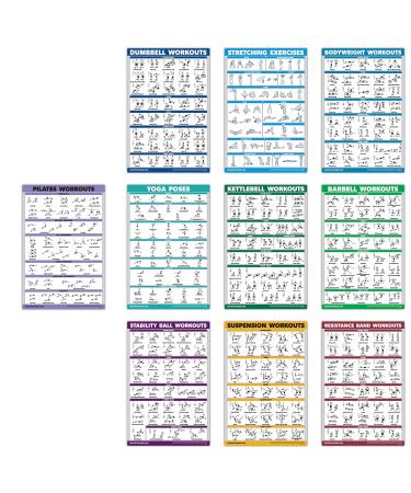 Exercise workout poster set-Pilates dumbbell suspension ball dumbbell resistance tapes stretch body weight barbell yoga poses gymnastics ball (paper-not laminated 45.7 x 68.6 cm) 10 paper-not laminated18 "X 27"