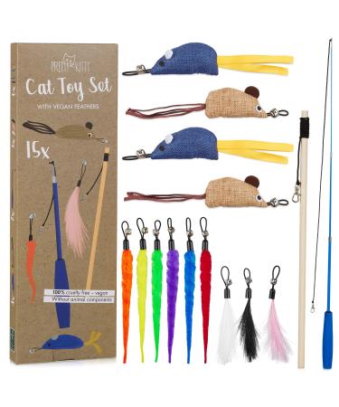 Pretty Kitty Cat Toy Set Vegan: Large 15 parts cats toys set with cat feathers synthetic feathers and catnip toys toys - Buy Online on GoSupps.com