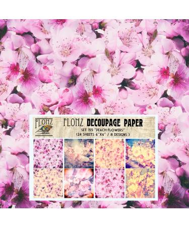 Decoupage Paper Pack (24 Sheets 6"x6") Peach Flowers Patterns FLONZ Vintage Styled Seamless Pattern Paper for Decoupage, Craft and Scrapbooking Flowering Peach Photos Spring Sakura Four