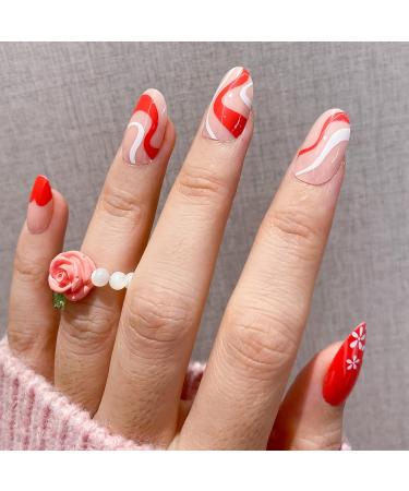 Valentine's Day Fake Press on Nails - NOVO OVO Short Almond Oval Red Heart Pink Swirl White Flower Thick False Nail Kit with Glue - Sweetie French Tip Acrylic Stick on Nails - Buy Online on GoSupps.com