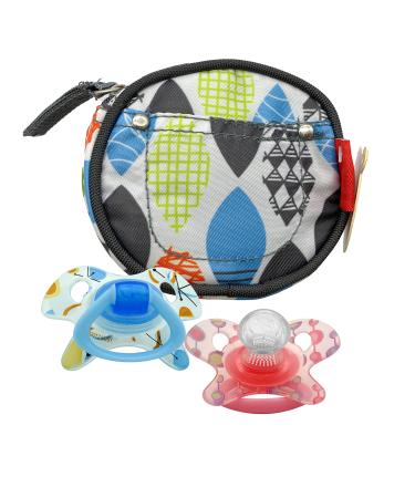 3-part set of newborn essentials multi-colored cotton-paci bag for storing snulls blue and pink geo silicone pacifier with bite ring BPA-free travel utensils 0 + months