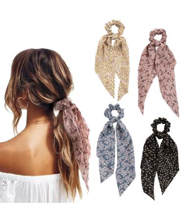 YOHAMA Scarf Scrunchies Hair Scrunchies with Tail Long Ribbons Scrunchy Women Hair Ties Ponytail Holder Hair Accessories for Girls Holiday Decoration Bun Hairstyles Curly Hair Girlfriend Gifts. G-Floral Print (4 Count)