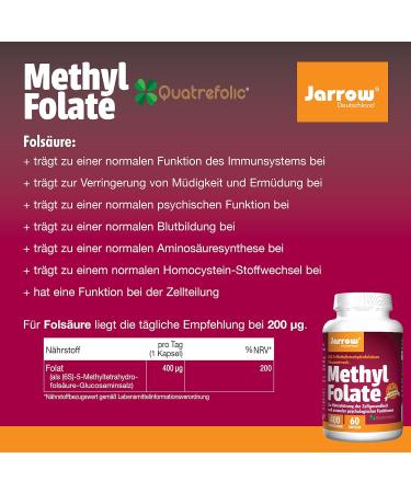 Jarrow Formulas Methyl Folate 400mcg - Vegan Capsules Gluten-Free Non-GMO Folic Acid Supplement - 60 Count - Buy Online on GoSupps.com