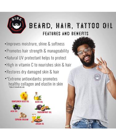 GIBS Beard Hair & Tattoo Oil - Softens & Strengthens Beard Growth, Moisturizes Skin | 4 Scents, 2 Sizes - Nutmeg, Leather, Vanilla, Musk - Buy Online on GoSupps.com