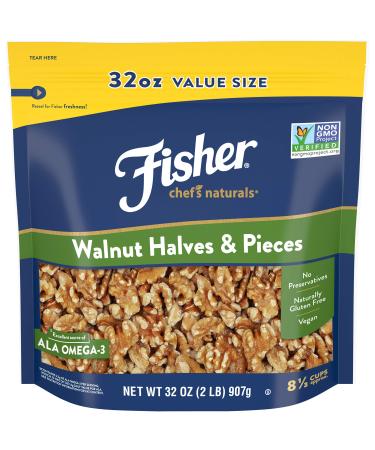 Fisher Walnut Halves and Pieces, 32 Ounces, California Grown Walnuts, Unsalted, Naturally Gluten Free, No Preservatives, Non-GMO 2 Pound (Pack of 1) Halves & Pieces