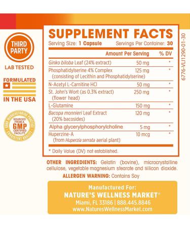 Natures Wellness Brain Booster | Natural Cognitive Enhancer for Increased Focus Memory and Mental Clarity | Nootropics Brain Supplement | DMAE Rhodiola Rosea Extract Bacopa Monnieri Ginkgo Biloba - Buy Online on GoSupps.com