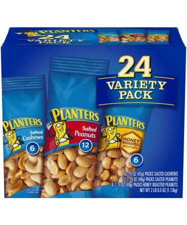 PLANTERS Variety Packs (Salted Cashews, Salted Peanuts & Honey Roasted Peanuts), 24 Packs - Individual Bags of On-the-Go Nut Snacks - No Cholesterol or Trans Fats - Source of Fiber and Healthy Fats 24 Count (Pack of 1)