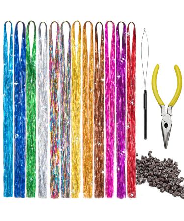 47 Inch 12 Colors Hair Tinsel Kit Hair Extensions With Tool 2400 Strands Sparkling Dazzle Glitter Shiny Fairy Hair Heat Resistant set1(3 tool)