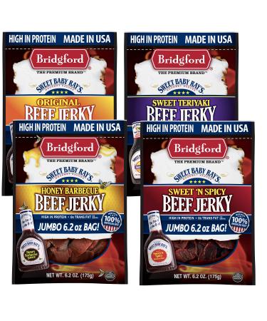 Bridgford Sweet Baby Ray's High Protein Beef Jerky, Low Carb Snack, Low Calorie, Keto Friendly, Jerky Variety Pack (Original, Teriyaki, Honey BBQ, Sweet N Spicy) 6.2 Oz, Pack of 4