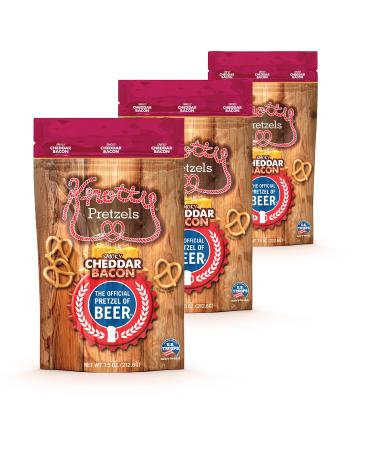 Knotty Pretzels - "The Official Pretzel of Beer" 7.5 Ounce Individual Seasoned Pretzel in Resealable Snack Bags - Smokey Cheddar Bacon (3 Pack) Smokey Cheddar Bacon 7.5 Ounce (Pack of 3)