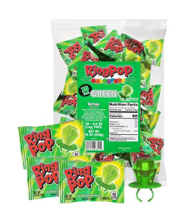 Ring Pop Colorfest Green Watermelon Bulk Halloween Candy - 30 Ct Individually Wrapped Lollipops - Fun Candy For Kids Party Favors Halloween Parties Trick or Treat Goodie Bags Bachelorette Parties
