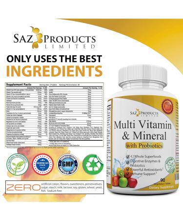 Saz Whole Foods Multivitamin with Probiotics for Women & Men - 90 Tablets - Vitamin & Mineral Supplement with Probiotics, Vitamin A, B-Complex, C, D3 & Zinc - Buy Online on GoSupps.com