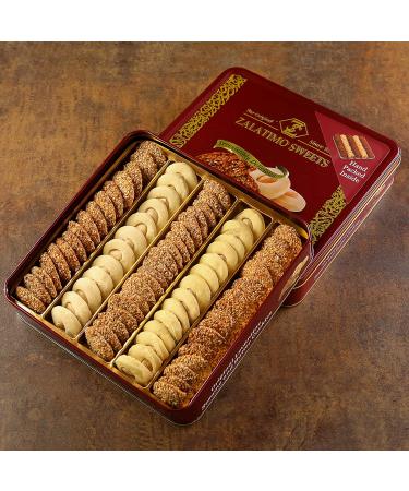 Zalatimo Sweets Shortbread Cookies Variety Pack | 100% All-Natural | Slightly Sweet | Square Metal Gift Tin | No Corn Starch or Syrups | Assorted Baklava, Mamoul, Sesame & Butter | Pack of 3 - Buy Online on GoSupps.com