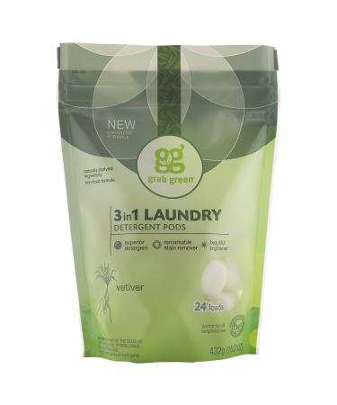 Grab Green 3-in-1 Laundry Detergent Pods, 24 Count, Vetiver Scent, Plant and Mineral Based, Superior Cleaning Power, Stain Remover, Brightens Clothes Vetiver 24 Count (Pack of 1)