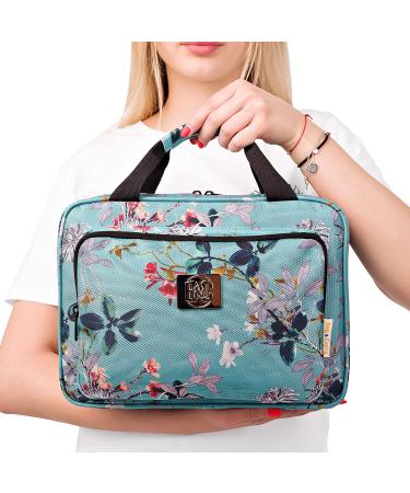 Large Hanging Travel Cosmetic Bag for Women - Turquoise Flowers Makeup Organizer with Multiple Pockets - Buy Online on GoSupps.com
