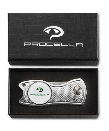 Procella Golf Divot Repair Tool with Golf Ball Marker| Solid Metal Switchblade Knife Style Divot Tool | Multi-Tool | Best Golf Accessories for Men and Women Silver