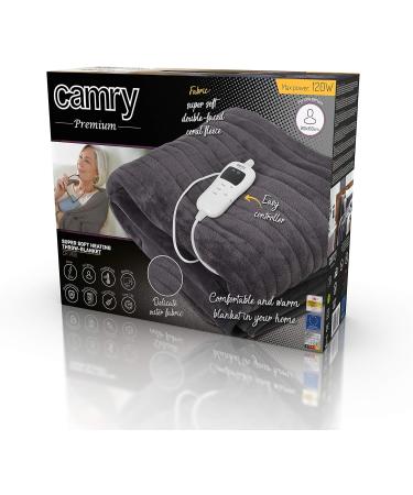 Camry CR 7418 XL Heating Ceiling Blanket 160x180cm - Extra Large Electric Thermal Blanket 7 Heat Settings Timer Digital Control Washable 120W Gray - Buy Online on GoSupps.com
