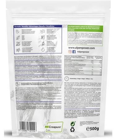 Alpenpower Creatine Monohydrate Creapure 500g - 99.9% Pure Vegan Power for Muscle Building - Made in Germany - Laboratory Tested Quality - Buy Online on GoSupps.com