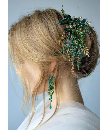 Kercisbeauty Green Beads Headpiece with Earrings Gold Headband for Brides Side Headband Hair Accessories Vintage Wedding Jewelry Handmade - Buy Online on GoSupps.com