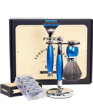 Luxury 4-Piece 5-Blade Razor Shaving Set Men's Safety Razor Grooming Gift Set with Alloy material handle Shaving for Gentleman men gift set Metallic Cobalt Blue