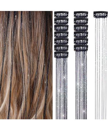 Pack of 14 Pcs Clip in Hair Tinsle Kit 18.5 Inch Glitter Tinsel Hair Extension with Clips on Heat Resistant Fairy Hair Sparkle Strands for Women Girls Kids Festival Hair Accessories(Black)