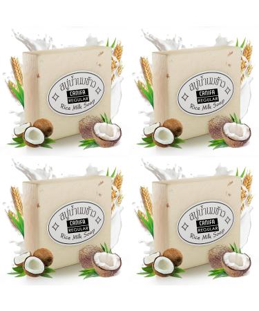 4pcs Original Rice Milk Soap Bar for Hand Body Face with Coconut Oil Collagen Glycerin Fragrance Vitamin E - 65 grams Handmade Soap - Made in Thailand (4 Soap Bars)