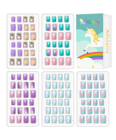 Allstarry 120 pieces of children to press glued full cover glitter color gradient rainbow short artificial nails nice gift for children girls nail art purple unicorn - Buy Online on GoSupps.com