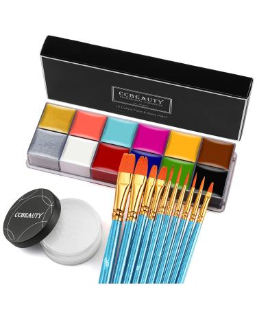 CCbeauty Pro 12 Colors Face Body Paint Oil Based Safe Non-Toxic Neon Face Painting Palette Kit with Translucent Setting Powder,10pcs Brushes for Halloween SFX Special Effects Costume Cosplay Makeup Face Paint with Setting …