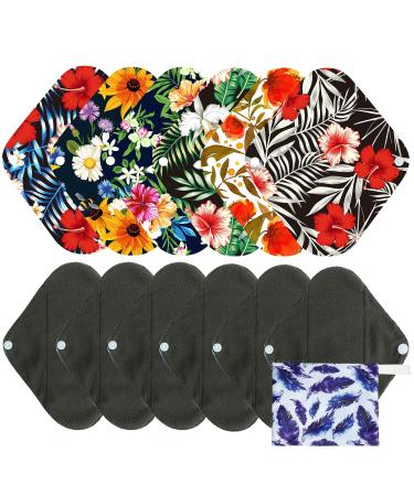 7pcs Pack Cloth Pads Including 1pc Mini Wet Bag +6pcs Bamboo Charcoal Cloth Reusable Menstrual Pads/Reusable Sanitary Pads/Mama Panty Liners (All Randomly Prints)