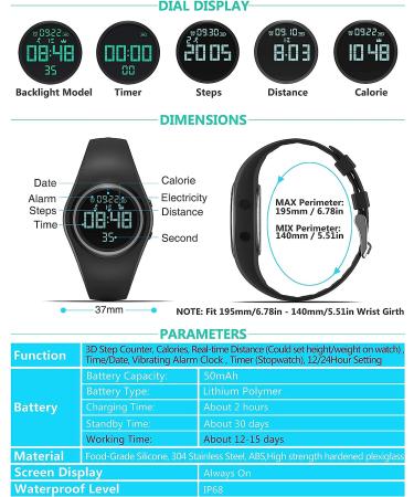 Synwee Kids Fitness Tracker Watch - IP68 Waterproof Non-Bluetooth Pedometer/Vibration Alarm Clock/Timer - Black - Buy Online on GoSupps.com