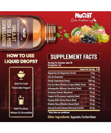 NUQIIT 10in1 Shilajit Liquid Drops by Penhoment with Sea Moss Ashwagandha Zinc Magnesium Liquid Vitamins for Women and Men - 1 FL Oz - 30 Day Supply - Buy Online on GoSupps.com