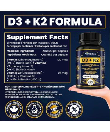 New! 350 Vegan Capsules of Vitamin D3 K2 High Potency 1000 IU D3 (25 mcg) / 120 mcg K2 (MK-7) - Year Long Supply Vitamin D - Helps Maintain Bone & Teeth Health - Formulated With MK-7 Natto Bean For Best Results - Immune System Support Vegan - Made In Cana - Buy Online on GoSupps.com