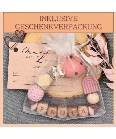Personalized Storchenkind Baby Gift - Custom Name | Various Colors | Gift Packaging Included | Laser-Engraved Wooden Letters | Food-Safe Silicone | Boys & Girls - Buy Online on GoSupps.com