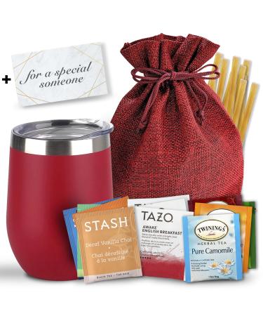 Bellina Tea Gift Baskets for Women and Men - Herbal Tea Variety Pack Gift Set for a Special Someone & Tea Lovers - Insulated Tea Cup, 20 Premium Teas, 10 Honey Straws, Gift Tag, Red Gift Bag For a Special Someone Red