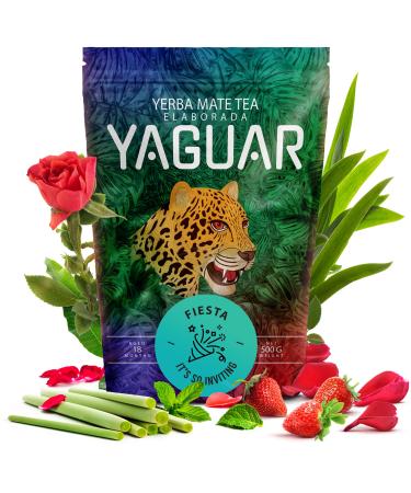Yaguar Fiesta 500 g | Mat d licat avec fraise menthe et citronnelle | Pour les d butants et les avanc s | Forte teneur en caf ine | Th br silien yerba mat | Yerba mat rafra chissante 0 5 kg