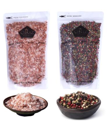 Cerez Pazari Rainbow Peppercorn Blend 12 oz and Himalayan Pink Salt (Coarse Grain) 2 lbs, Whole Black, Pink, Green, White Color Pepper For Grinders Refills
