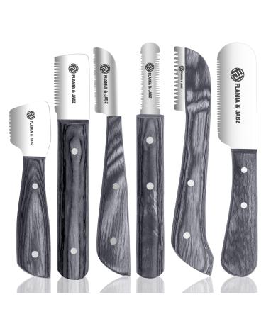 FLAMIA & JABZ Professional Stripping Knife kit (6 Pieces Set) for Dogs & Pets Wooden Handle Grip with Stainless Steel Blade (Right Handed) (Black)