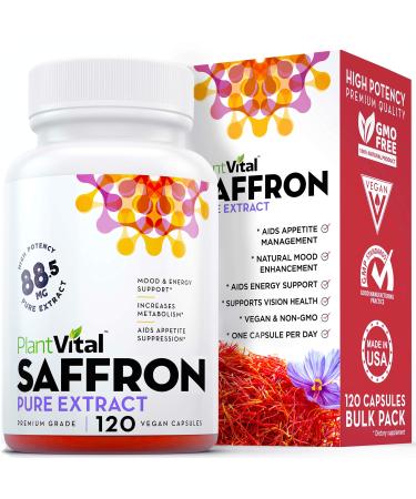 PlantVital Saffron Supplement - 100% Pure Saffron Extract. Support Healthy Appetite Control, More Energy, Mood Booster, Eye Health, and May Prevent Macular Degeneration - 1 Bottle 120 Count (Pack of 1)