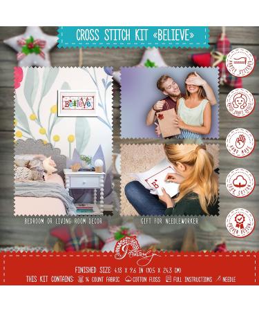 Believe Cross Stitch Kit - Holiday Embroidery Set with Christmas Tree, Snowflake, Deer & Santa Hat - Buy Online on GoSupps.com