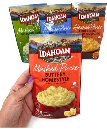 Idahoan Mashed Potatoes Bundle of 4 Variety Pack - Buttery Mashed Four Cheese Mashed Butter & Herb Mashed Roasted Garlic Mashed - Buy Online on GoSupps.com