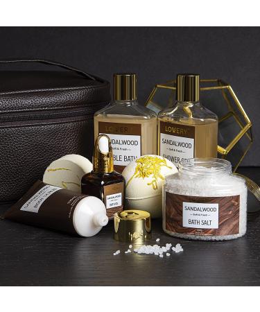 Sandalwood Bath Gift Set for Him - Personal Care Spa Kit in Leather Bag | Relaxing Man Gift Basket with Shower Gel, Bubble Bath, Body Oil, Bath Bomb & More - Buy Online on GoSupps.com