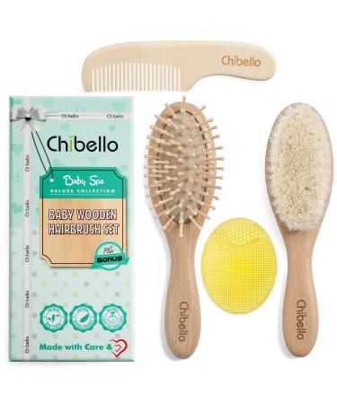Chibello 4 Piece Wooden Baby Hair Brush and Comb Set Natural Goat Bristles Brush for Cradle Cap Treatment Wood Bristle Brush for Newborns and Toddlers Perfect for Baby Shower and Registry