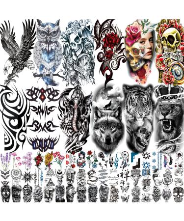 62 Sheets Temporary Tattoos Stickers, Fake Body Arm Chest Shoulder Tattoos for Men and Women, Halloween Temporary Tattoos Black Fake Skull Skeleton Tattoos for Halloween Cosplay Multicolor