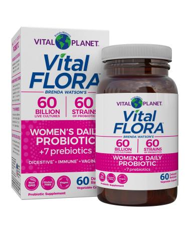 Vital Planet - Vital Flora Women s Daily Probiotic 60 Billion CFU 60 Diverse Strains 7 Organic Prebiotics Vaginal and Immune Support Bloating Digestive Health Probiotics for Women 60 Capsules